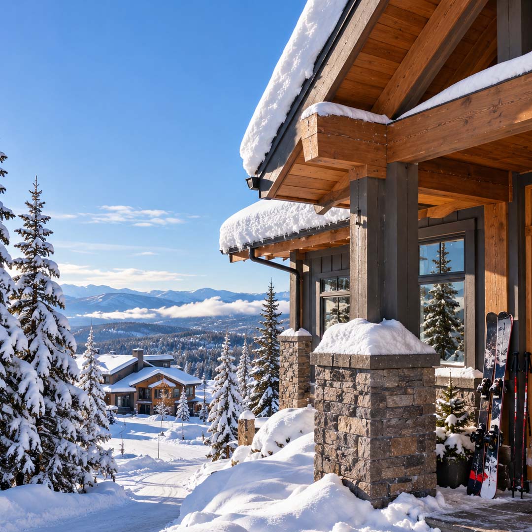 chalet with skis in winter big white property group